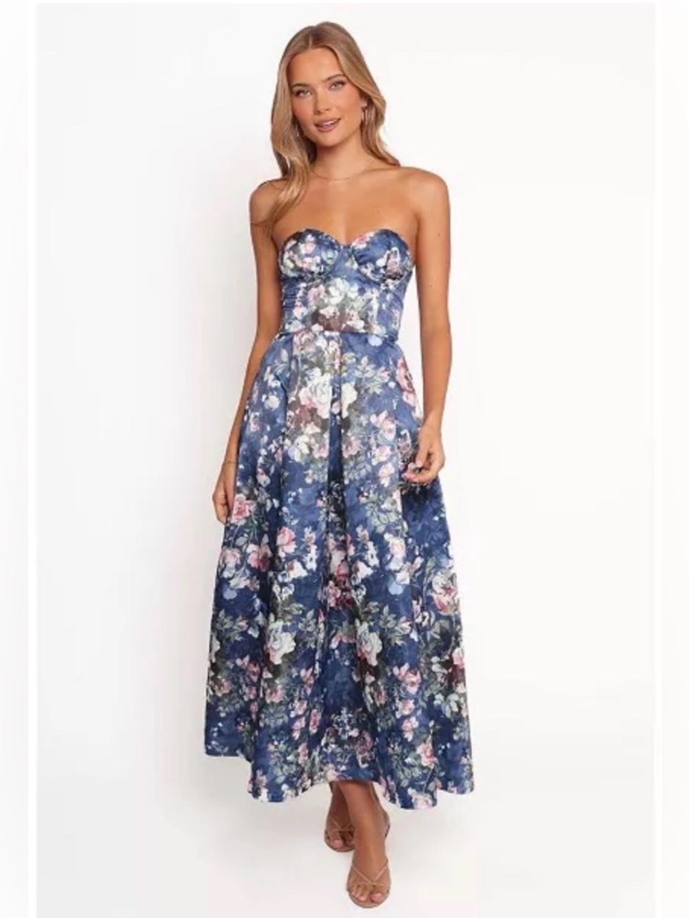 Petal & Pup Darina Strapless Blue Floral Coquette Prom Formal Midi Dress Size XS